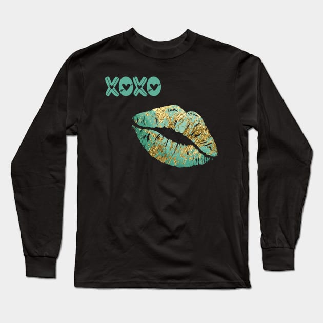 Turquoise and Gold Lips Long Sleeve T-Shirt by Miozoto_Design